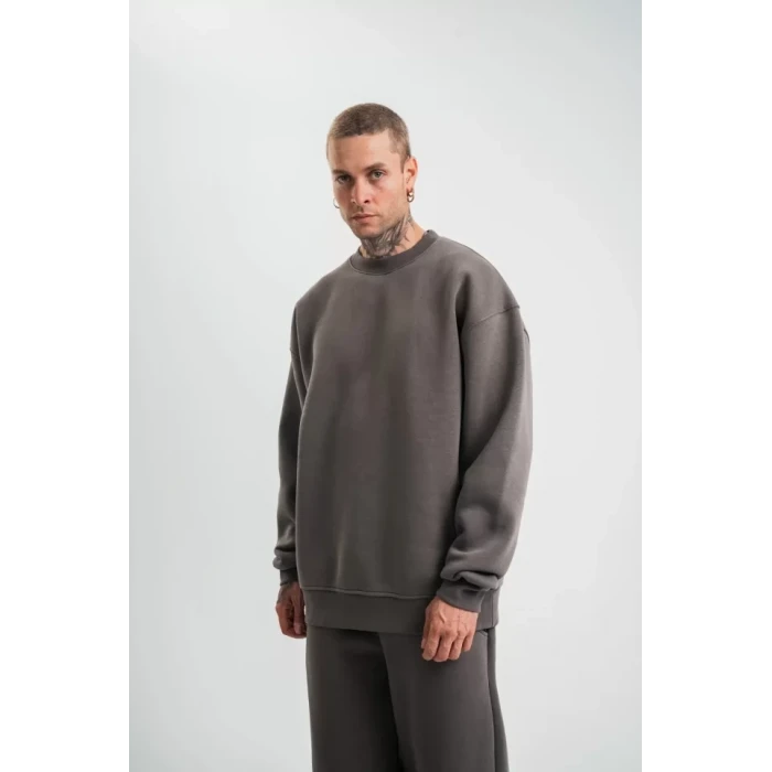 Uzun Kol Bisiklet Yaka Basic Sweatshirt - Füme