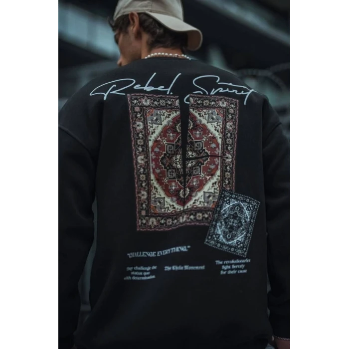 Uzun Kol Bisiklet Yaka Baskılı Sweatshirt - Siyah