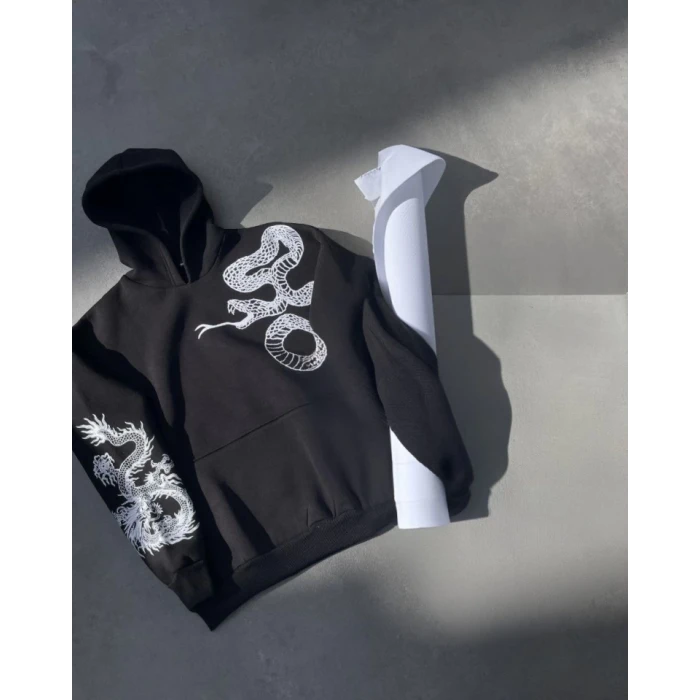 Uzun Kol Kapşonlu Baskılı Sweatshirt - Siyah