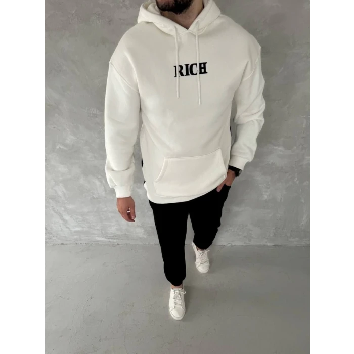 Uzun Kol Kapşonlu Göğüs Baskılı Sweatshirt - Beyaz