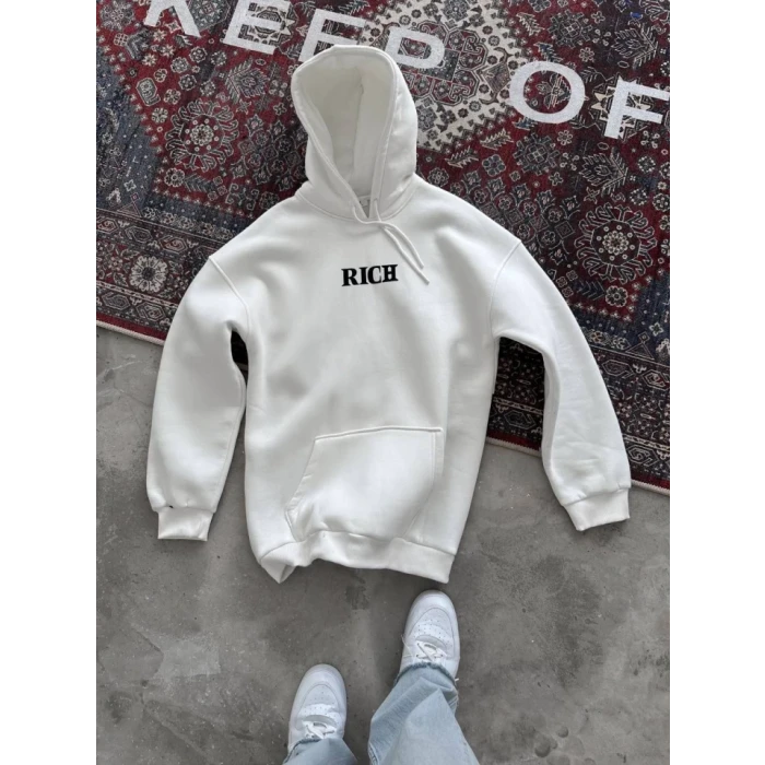 Uzun Kol Kapşonlu Göğüs Baskılı Sweatshirt - Beyaz