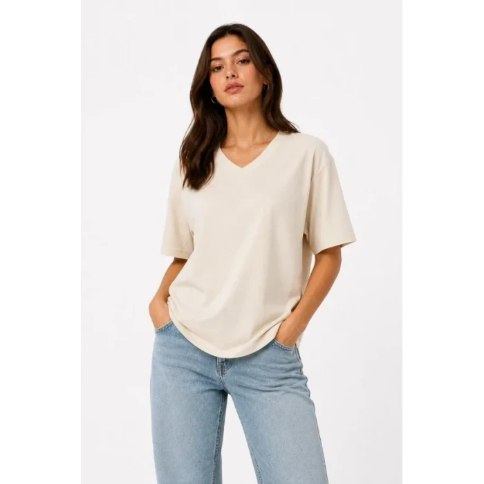 V Yaka Basic Tişört Kısa Kol Yazlık Regular Fit T-shirt - Bej