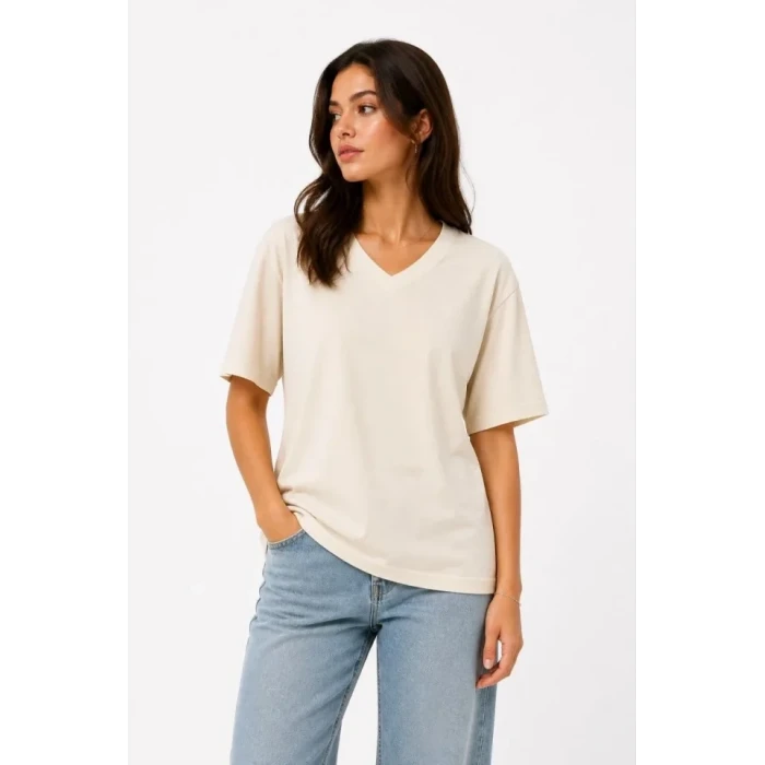 V Yaka Basic Tişört Kısa Kol Yazlık Regular Fit T-shirt - Bej