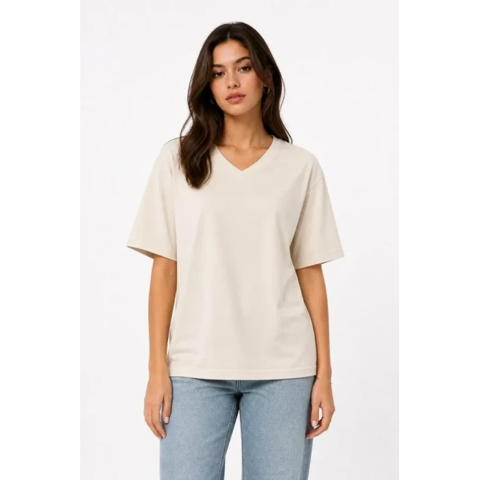 V Yaka Basic Tişört Kısa Kol Yazlık Regular Fit T-shirt - Bej