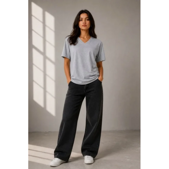 V Yaka Basic Tişört Kısa Kol Yazlık Regular Fit T-shirt - Gri