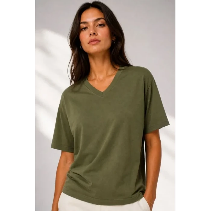 V Yaka Basic Tişört Kısa Kol Yazlık Regular Fit T-shirt - Haki
