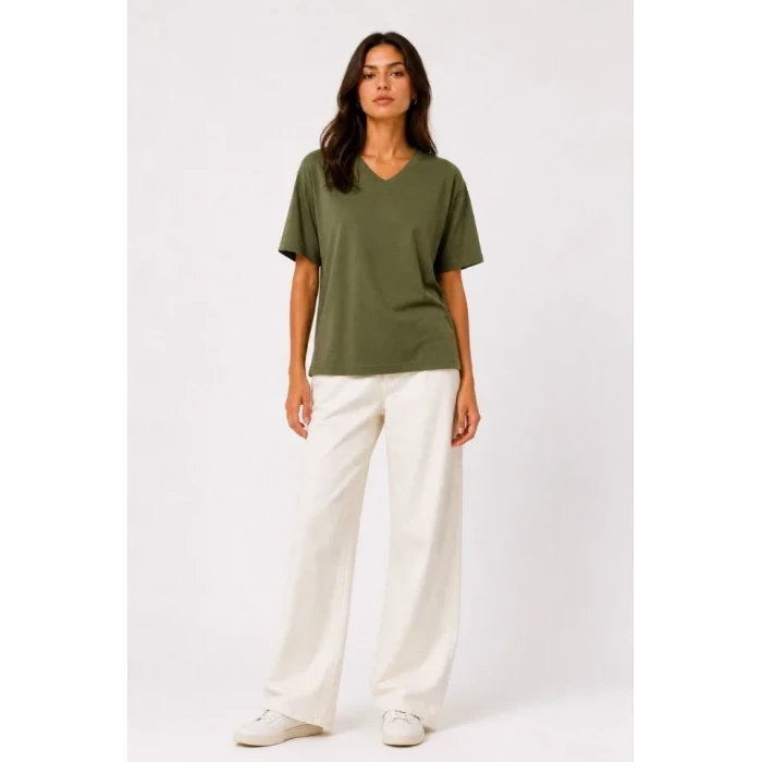 V Yaka Basic Tişört Kısa Kol Yazlık Regular Fit T-shirt - Haki