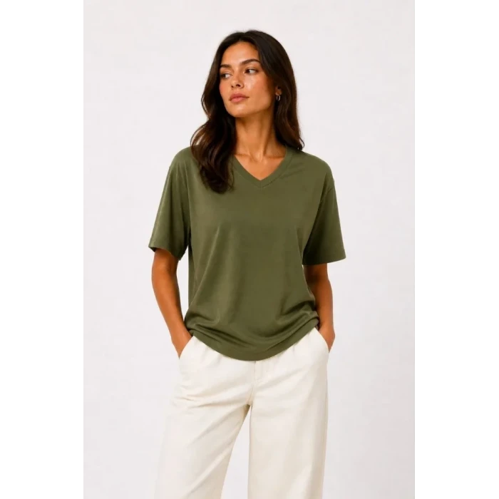 V Yaka Basic Tişört Kısa Kol Yazlık Regular Fit T-shirt - Haki