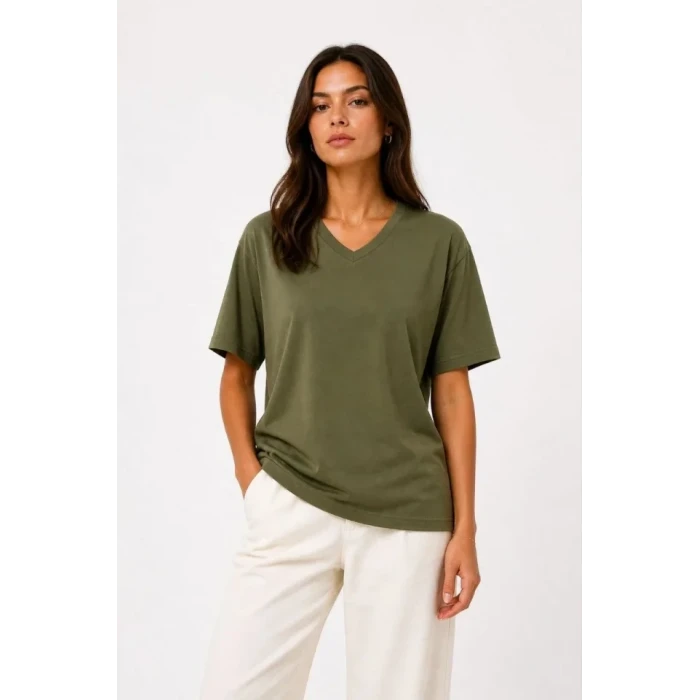 V Yaka Basic Tişört Kısa Kol Yazlık Regular Fit T-shirt - Haki