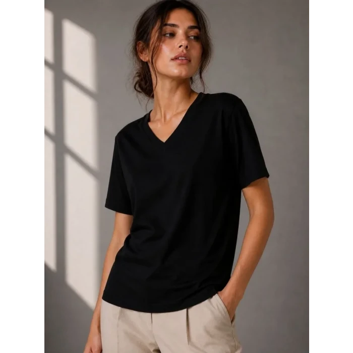 V Yaka Basic Tişört Kısa Kol Yazlık Regular Fit T-shirt - Siyah