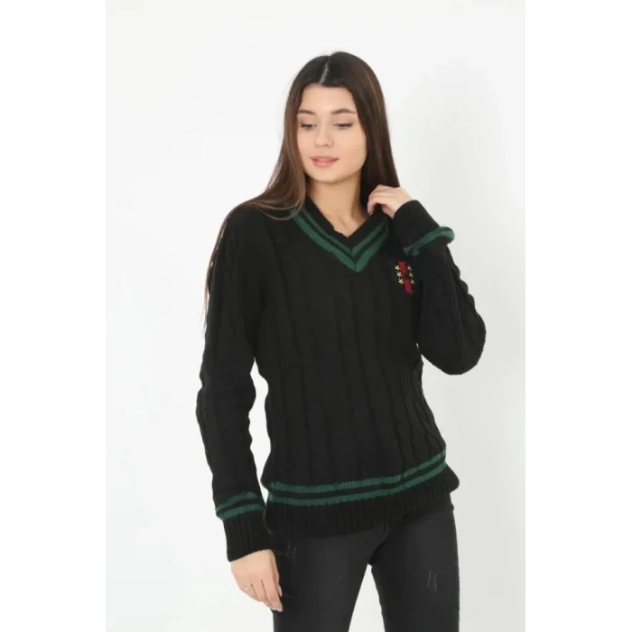 V Yaka Örgülü Kazak - Siyah