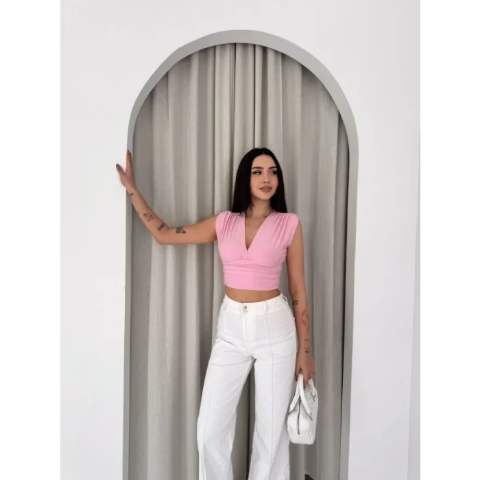 Vatkalı Kolsuz V Yaka Drapeli Crop Bluz Likralı Fit - Pembe