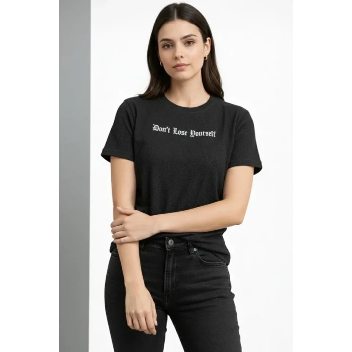 Wafıl Kumaş Tişört Regular Kalıp Bisiklet Yaka Baskılı Günlük Basic T-shirt - Siyah