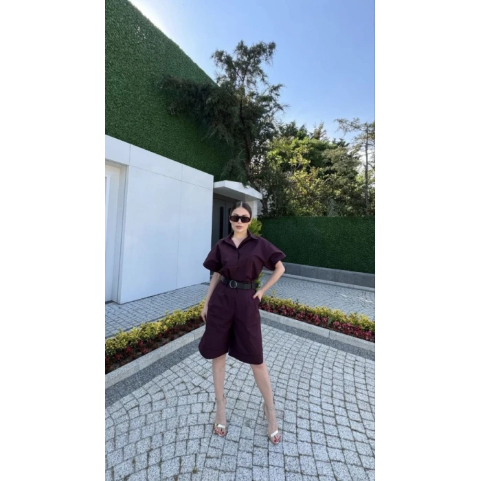 Yakalı Gömlek Kemerli Şortlu Takım - Bordo