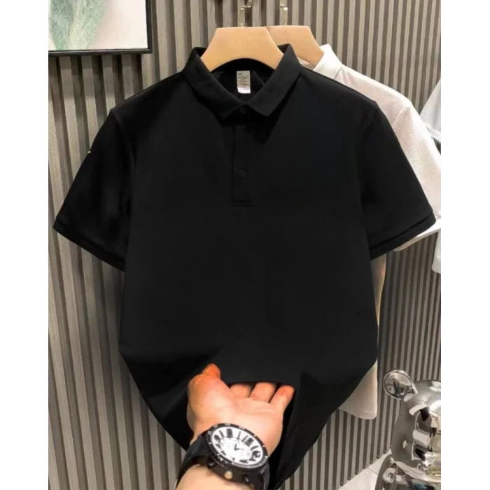 Yakası Düğmeli Yakalı Pike Düz T-shirt - Siyah
