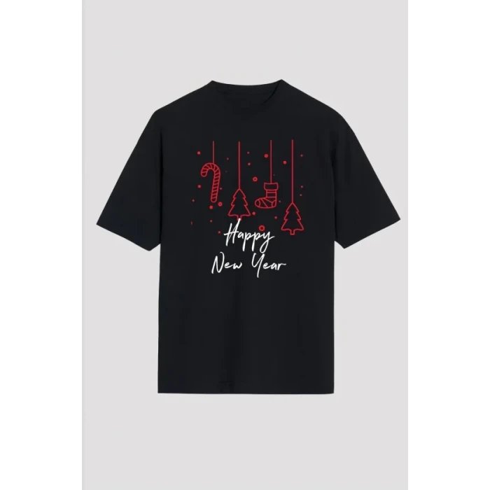 Yılbaşı Happy New Year Baskılı Kısa Kollu Oversize Bisiklet Yaka T-shirt - Siyah