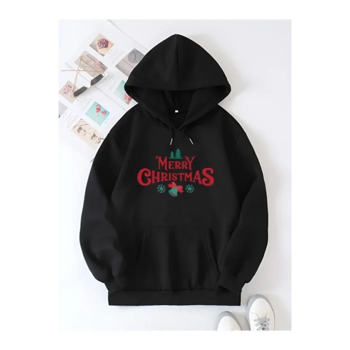Yılbaşı Merry Christmas Baskılı Oversize Kapüşonlu Sweatshirt Hoodie - Siyah