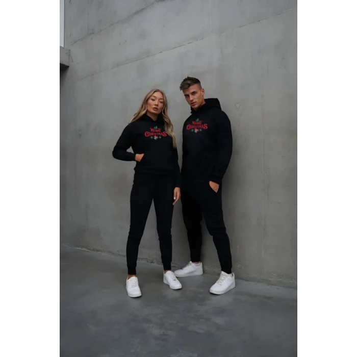 Yılbaşı Merry Christmas Baskılı Oversize Kapüşonlu Sweatshirt Hoodie - Siyah
