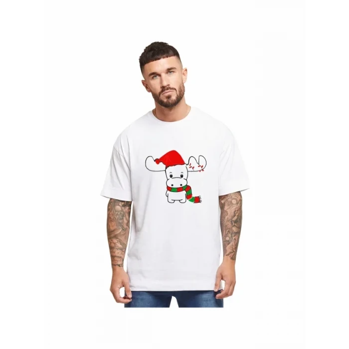 Yılbaşı Noel Ren Geyiği Baskılı Kısa Kollu Oversize Bisiklet Yaka T-shirt - Beyaz