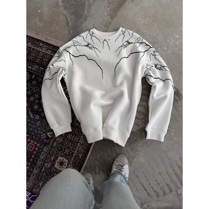 Yıldırım Baskılı Bisiklet Yaka Sweatshirt - Beyaz