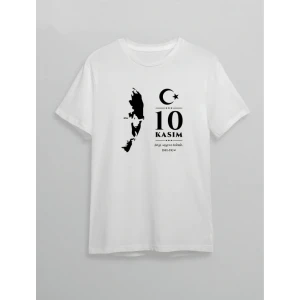 10 Kasım Atatürk Anma Günü Silüet Baskılı Oversize Bisiklet Yaka T-shirt - Beyaz