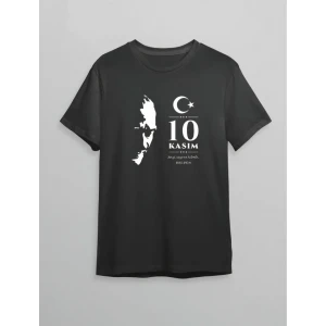 10 Kasım Atatürk Anma Günü Silüet Baskılı Oversize Bisiklet Yaka T-shirt - Siyah