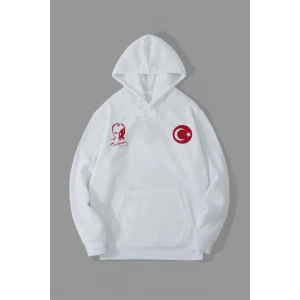 10 Kasıma Özel Üç İplik Kapşonlu Baskılı Sweatshirt - Beyaz