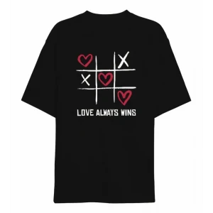 14 Şubat Sevgililer Günü Love Always Wins Baskılı Oversize Bisiklet Yaka T-shirt - Siyah