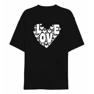 14 Şubat Sevgililer Günü Love Kalp Baskılı Oversize Bisiklet Yaka T-shirt - Siyah