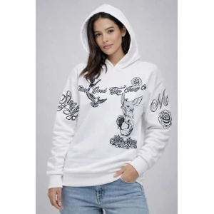 3 İplik Pamuklu Kapüşonlu Baskılı Sweatshirt Hoodie - Beyaz