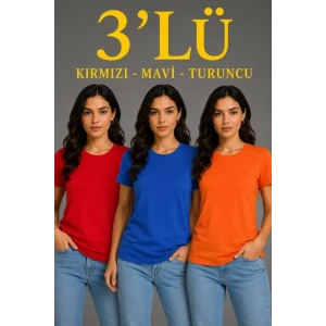3’lü Kısa Kollu Bisiklet Yaka Basic Slim Fit T-shirt - Kırmızı - Mavi - Turuncu