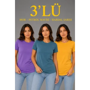3’lü Kısa Kollu Bisiklet Yaka Basic Slim Fit T-shirt - Mor - Petrol Mavisi - Hardal