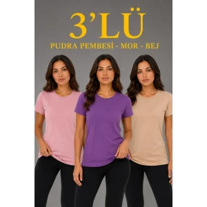 3’lü Kısa Kollu Bisiklet Yaka Basic Slim Fit T-shirt - Pudra Pembe - Mor - Bej
