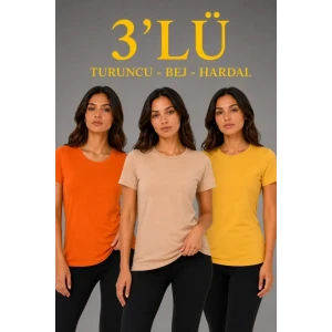 3’lü Kısa Kollu Bisiklet Yaka Basic Slim Fit T-shirt - Turuncu - Bej - Hardal