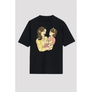 Anneler Günü Hediye Anne Kız Temalı Baskılı Oversize Bisiklet Yaka T-shirt - Siyah
