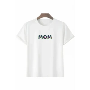 Anneler Günü Hediye Mom Çiçek Baskılı Oversize Bisiklet Yaka T-shirt - Beyaz