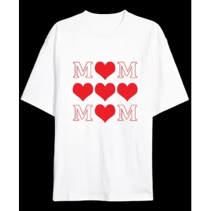Anneler Günü Hediye Mom Kalp Baskılı Oversize Bisiklet Yaka T-shirt - Beyaz