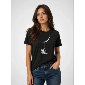 Astronot Ay Temalı Tişört Kısa Kol Yazlık Bisiklet Yaka T-shirt - Siyah