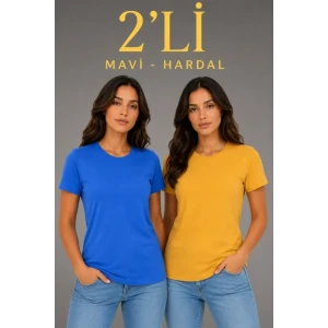 Basic Bisiklet Yaka Yazlık Slim Fit T-shirt - Mavi - Hardal Sarısı