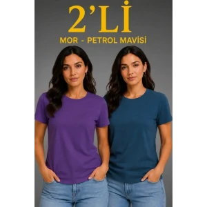 Basic Bisiklet Yaka Yazlık Slim Fit T-shirt - Mor - Petrol Mavisi