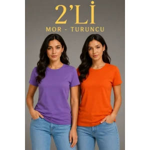Basic Bisiklet Yaka Yazlık Slim Fit T-shirt - Mor  - Turuncu