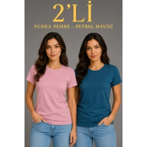 Basic Bisiklet Yaka Yazlık Slim Fit T-shirt - Pudra Pembe - Petrol Mavi
