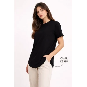 Basic T-shirt Kısa Kol Bisiklet Yaka Oval Kesim Tişört - Siyah