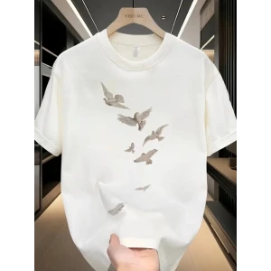 Baskılı Oversize Bisiklet Yaka T-shirt - Beyaz