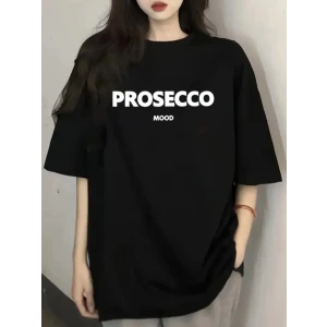 Baskılı Oversize Bisiklet Yaka T-shirt - Siyah