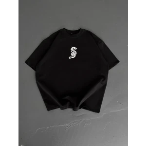 Baskılı Oversize Bisiklet Yaka T-shirt - Siyah