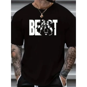 Baskılı Oversize Bisiklet Yaka T-shirt - Siyah