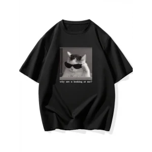 Baskılı Oversize Bisiklet Yaka T-shirt - Siyah