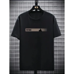 Baskılı Oversize Bisiklet Yaka T-shirt - Siyah
