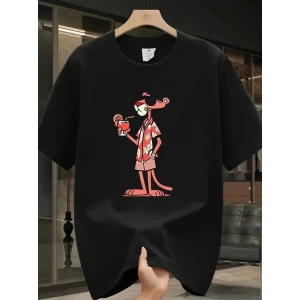 Baskılı Oversize Bisiklet Yaka T-shirt - Siyah
